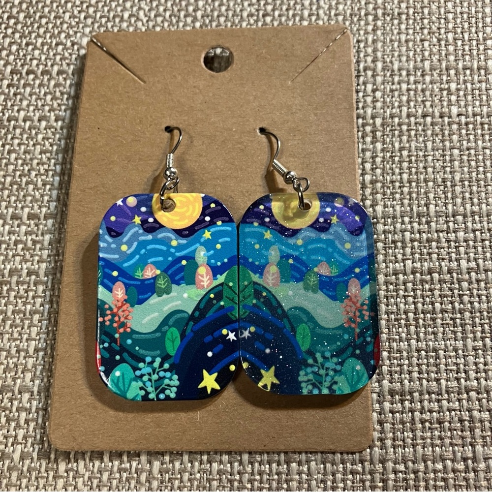 Colorful Landscape Earrings Night Sky Moon Stars Acrylic